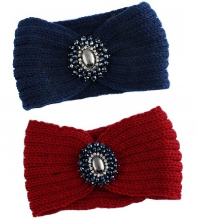 Cold Weather Headbands Retro Bohemian Beads Cable Knitted Winter Turban Ear Warmer Headband - Navy Blue Red - C0189MW3ST2 $19.07