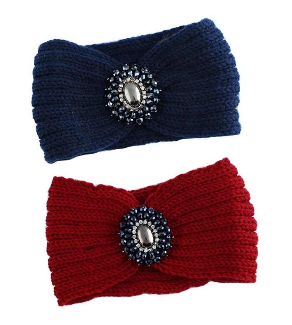 Cold Weather Headbands Retro Bohemian Beads Cable Knitted Winter Turban Ear Warmer Headband - Navy Blue Red - C0189MW3ST2 $12.54