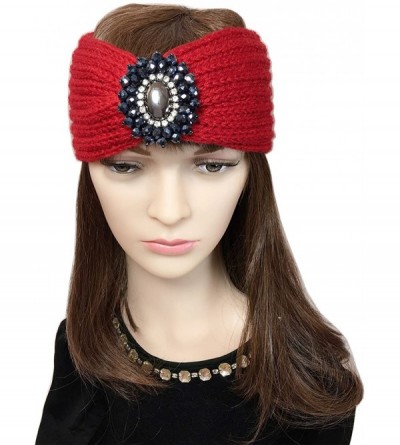 Cold Weather Headbands Retro Bohemian Beads Cable Knitted Winter Turban Ear Warmer Headband - Navy Blue Red - C0189MW3ST2 $12.54