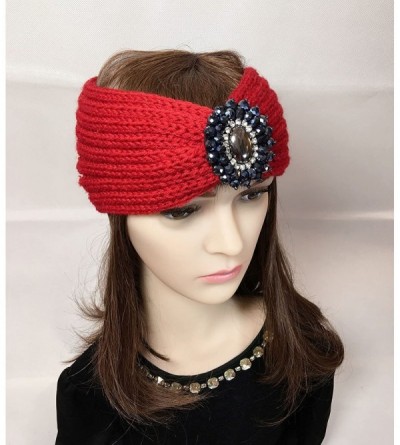 Cold Weather Headbands Retro Bohemian Beads Cable Knitted Winter Turban Ear Warmer Headband - Navy Blue Red - C0189MW3ST2 $12.54