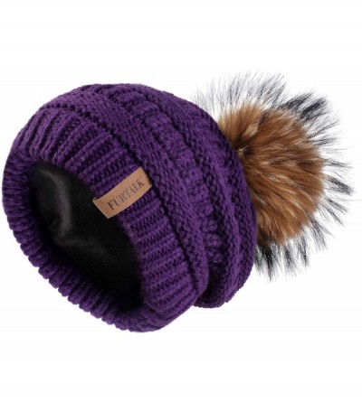 Skullies & Beanies Winter Hats Beanie for Women Lined Slouchy Knit Skiing Cap Real Fur Pom Pom Hat for Girls - CR18UQ8DU6Q $1...