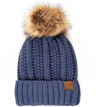 Skullies & Beanies Exclusive Knitted Hat with Fuzzy Lining with Pom Pom - Dark Denim - CP18EXXXIYK $12.43