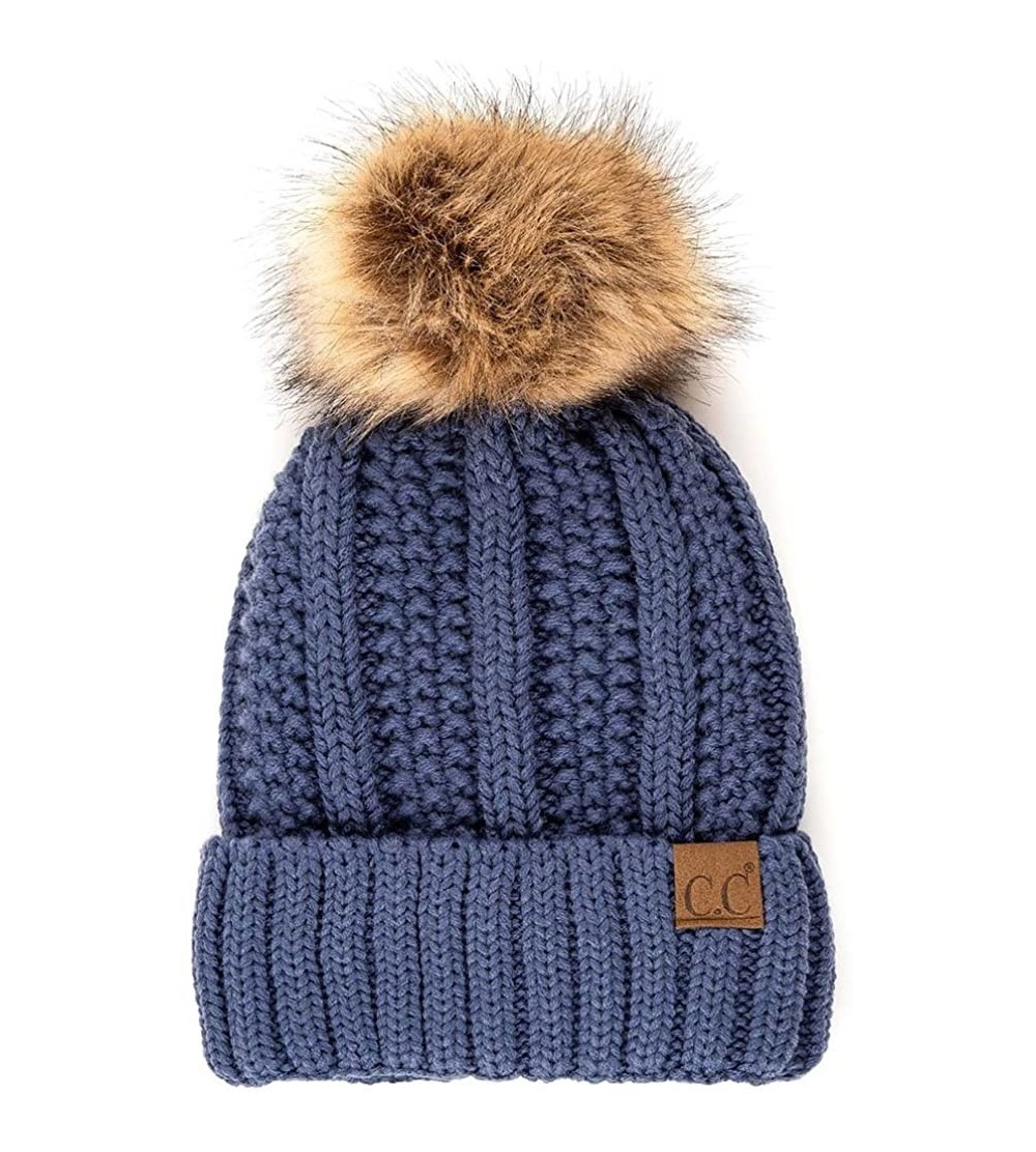Skullies & Beanies Exclusive Knitted Hat with Fuzzy Lining with Pom Pom - Dark Denim - CP18EXXXIYK $12.43