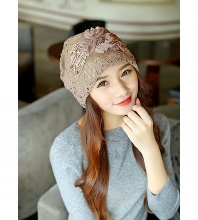 Skullies & Beanies Womens Lace Flower Beanie Hat Slouchy Hip-hop Skull Cap Warm Turban - Khaki - CG1862D6MG5 $8.81