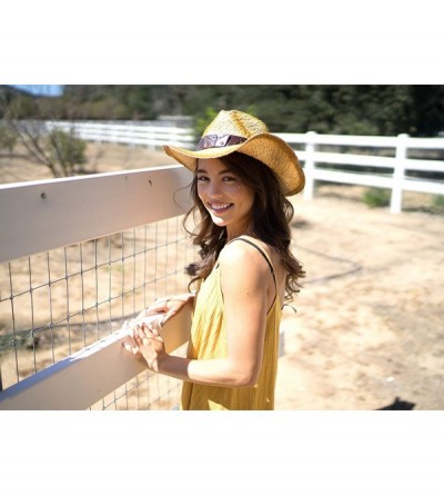 Cowboy Hats Unisex Mens Womens Sun Hat Wide Brim Woven Western Straw Cowboy Hat - Beige/Brown Band - CP18E5H6254 $23.99