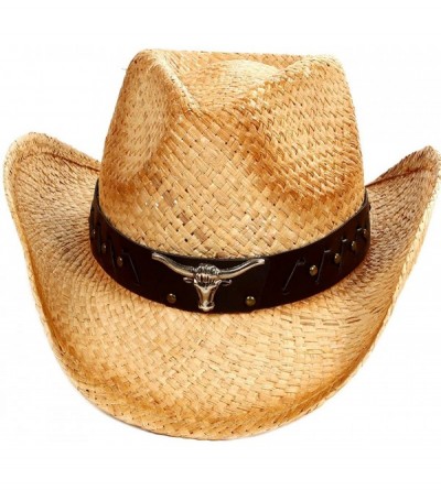 Cowboy Hats Unisex Mens Womens Sun Hat Wide Brim Woven Western Straw Cowboy Hat - Beige/Brown Band - CP18E5H6254 $23.99