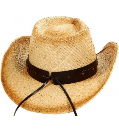 Cowboy Hats Unisex Mens Womens Sun Hat Wide Brim Woven Western Straw Cowboy Hat - Beige/Brown Band - CP18E5H6254 $23.99