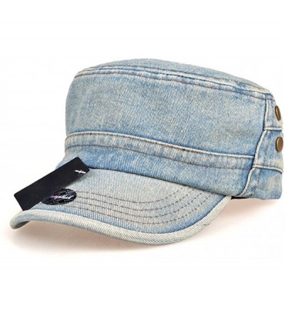 Baseball Caps Plain Blue Washed Jeans Denim Fabric Army Brim Flat Hat Cap FFH167BLU - Light Blue - C311LKGJYWZ $35.15