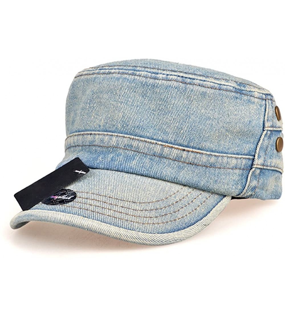 Baseball Caps Plain Blue Washed Jeans Denim Fabric Army Brim Flat Hat Cap FFH167BLU - Light Blue - C311LKGJYWZ $32.22