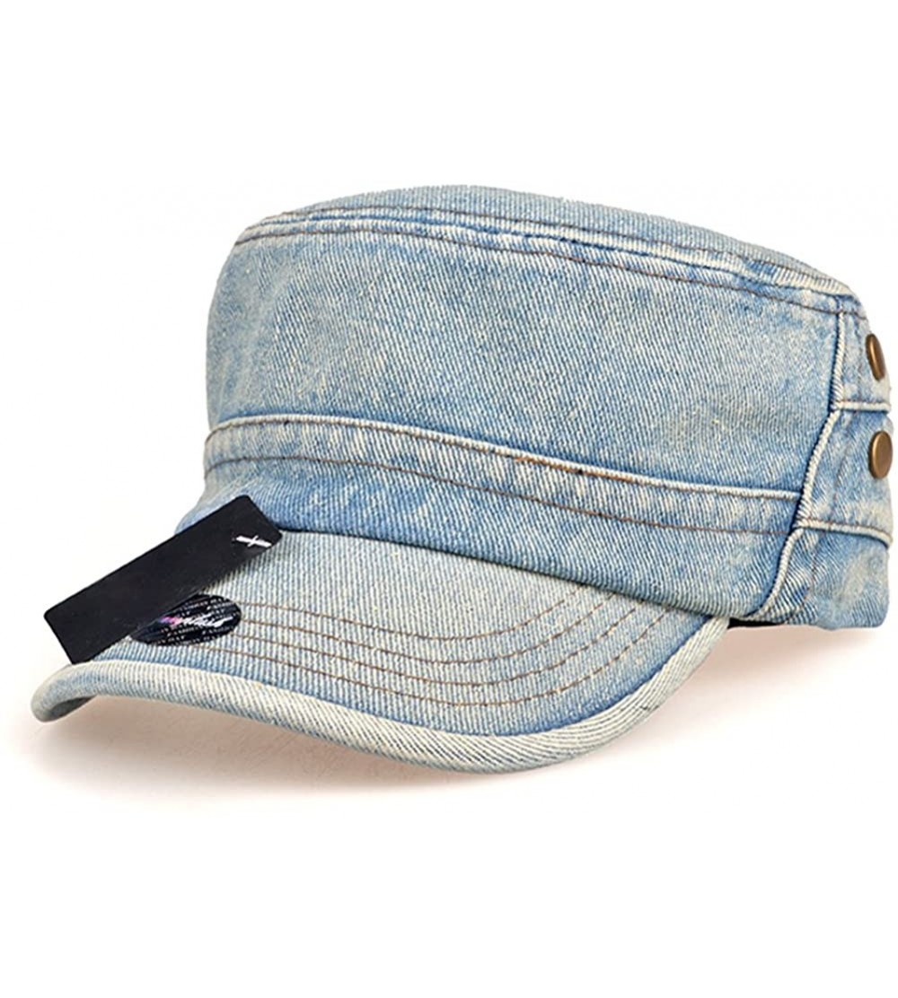 Baseball Caps Plain Blue Washed Jeans Denim Fabric Army Brim Flat Hat Cap FFH167BLU - Light Blue - C311LKGJYWZ $20.92