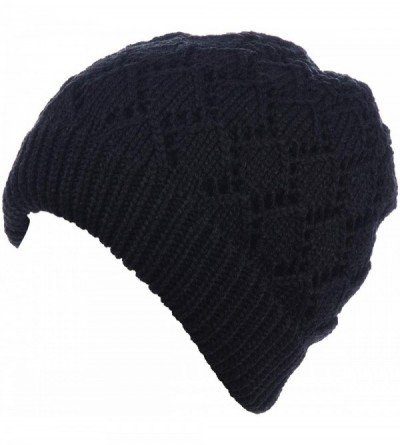 Skullies & Beanies Winter Womens Fashion Bun Ponytail Fleece Lined Slouchy Knit Beanie Hat - Diamond Knit Black - CV18LY97488...