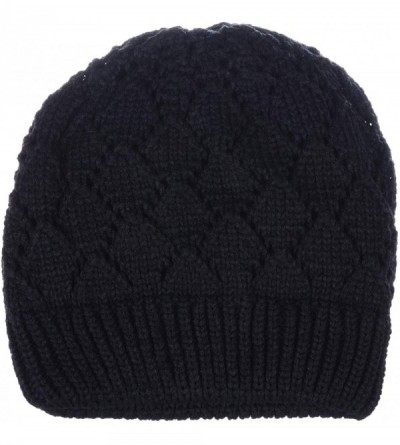 Skullies & Beanies Winter Womens Fashion Bun Ponytail Fleece Lined Slouchy Knit Beanie Hat - Diamond Knit Black - CV18LY97488...