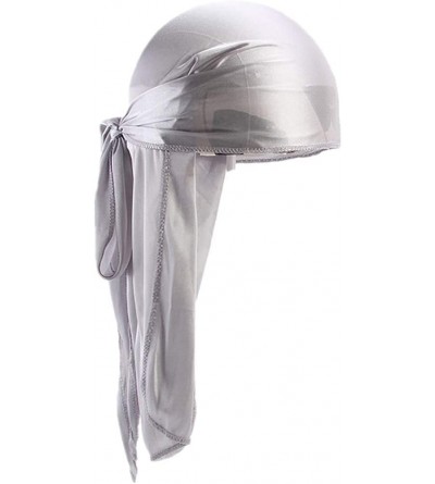 Skullies & Beanies Men Women Durag Extra Long-Tail Headwraps Silky Satin Pirate Cap Bandana Hat for 360 Waves - Silver - CG18...