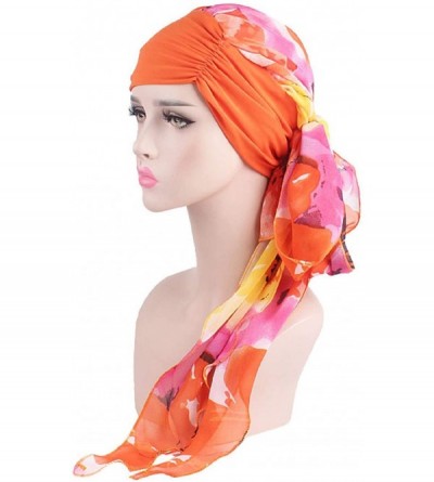 Skullies & Beanies Headwear Chemo Turbans Cancer Hats Elegant Long Hair Cap Head Wraps for Women - Orange - CV18UYNW3OX $13.82