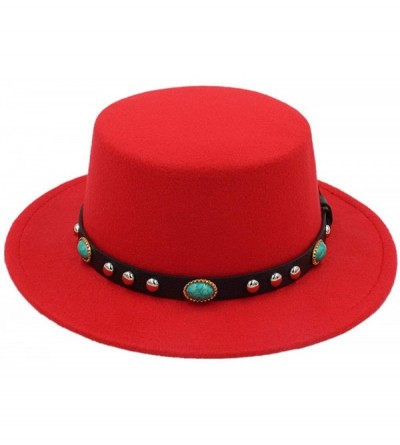 Fedoras Women Men Wool Boater Hat Wide Brim Pork Pie Cap Turquoise Rivets Leather Belt - Red - CY18HCNTA2K $14.16