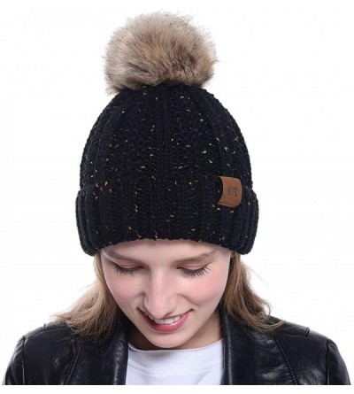 Skullies & Beanies Beanies Hats Women Faux Fuzzy Fur Pom Poms Warm Cable Knit Hat for Winter Thick Crochet Skully Cap - CA18Z...