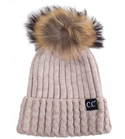 Skullies & Beanies Black Label Ribbed Real Racoon Fur Knitted Cuffed Beanie with Pom Pom - Beige - CE187GKYTHE $33.89