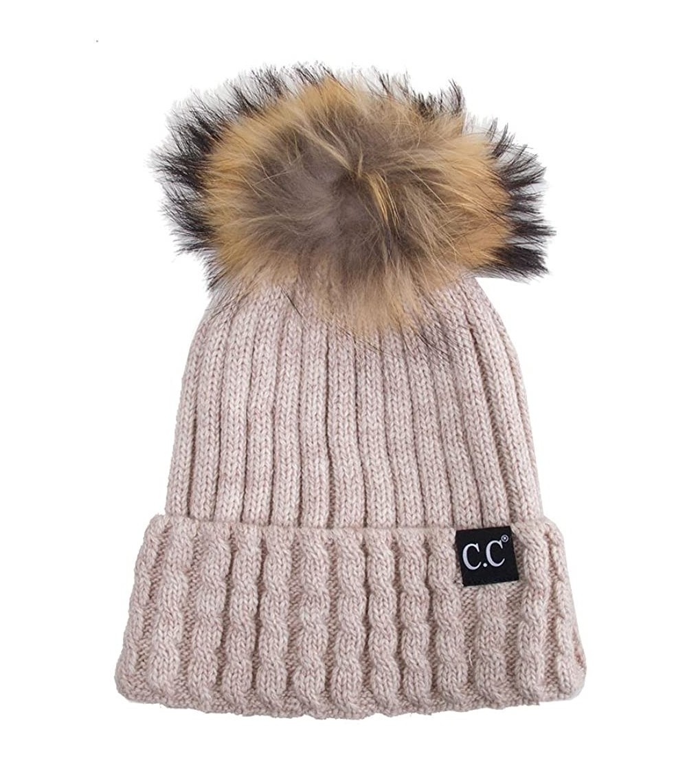 Skullies & Beanies Black Label Ribbed Real Racoon Fur Knitted Cuffed Beanie with Pom Pom - Beige - CE187GKYTHE $33.89