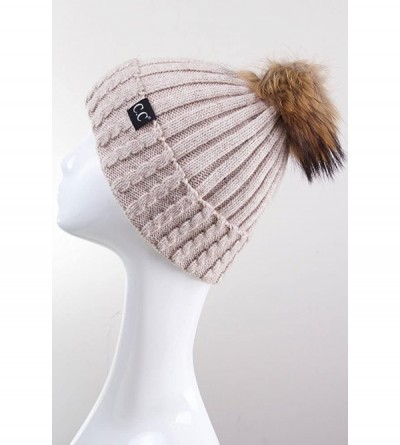 Skullies & Beanies Black Label Ribbed Real Racoon Fur Knitted Cuffed Beanie with Pom Pom - Beige - CE187GKYTHE $33.89