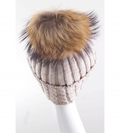 Skullies & Beanies Black Label Ribbed Real Racoon Fur Knitted Cuffed Beanie with Pom Pom - Beige - CE187GKYTHE $33.89