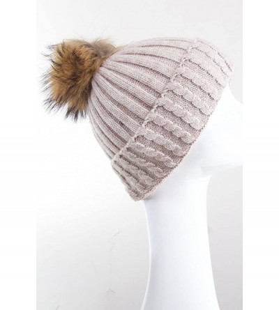 Skullies & Beanies Black Label Ribbed Real Racoon Fur Knitted Cuffed Beanie with Pom Pom - Beige - CE187GKYTHE $33.89