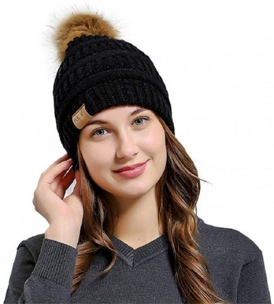 Skullies & Beanies Women Casual Knit Hats Beanie Hat Large Pom Ladies Winter Warm Cap - Black-1 - CL18ADNWI8W $6.64