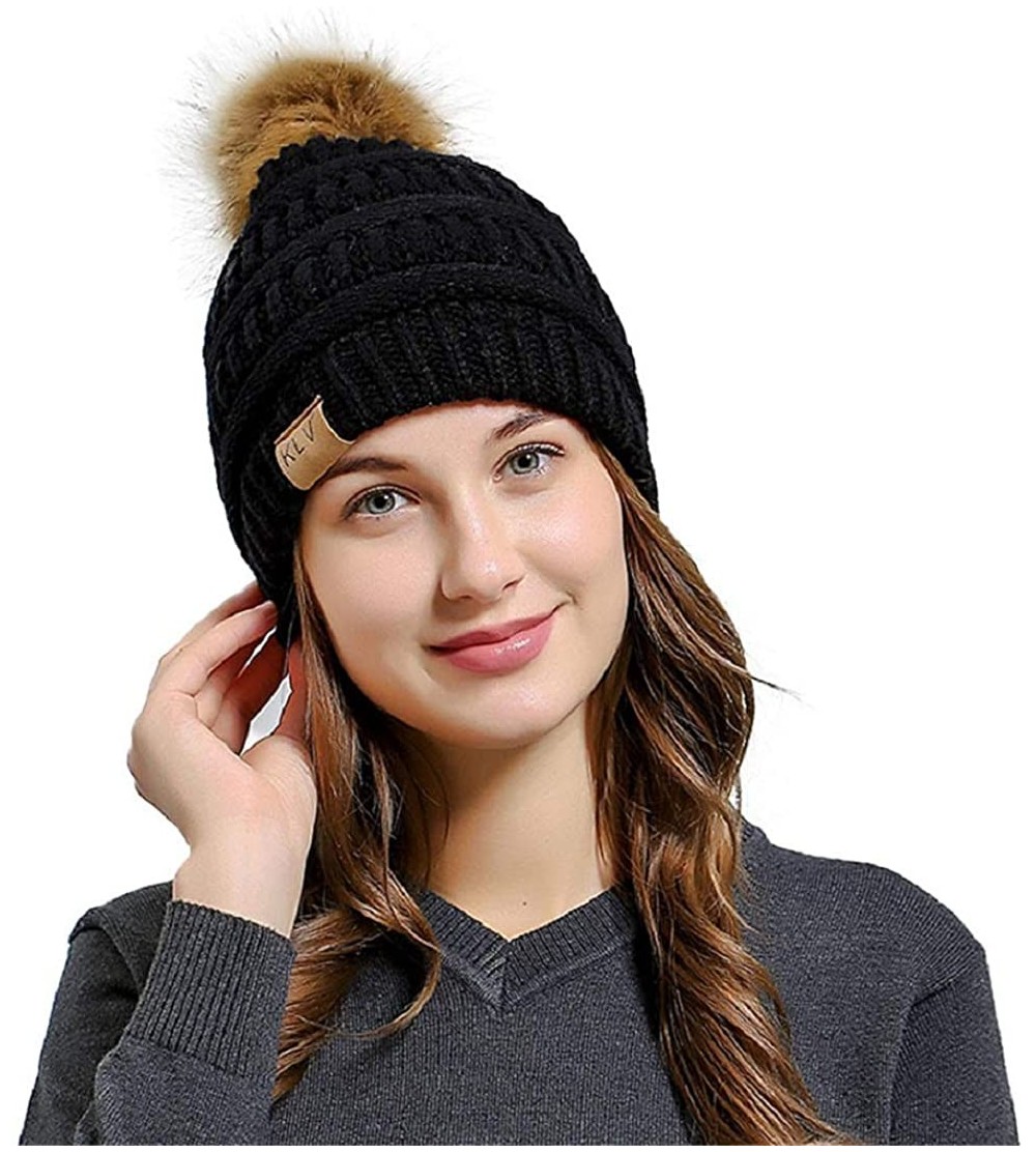 Skullies & Beanies Women Casual Knit Hats Beanie Hat Large Pom Ladies Winter Warm Cap - Black-1 - CL18ADNWI8W $6.64