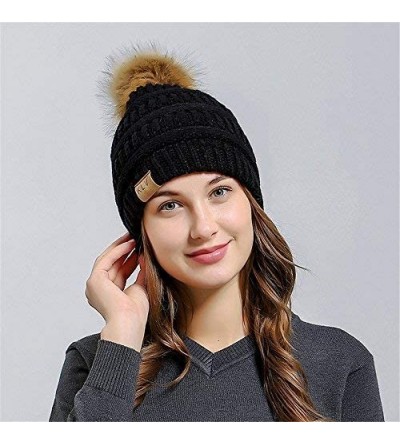 Skullies & Beanies Women Casual Knit Hats Beanie Hat Large Pom Ladies Winter Warm Cap - Black-1 - CL18ADNWI8W $6.64