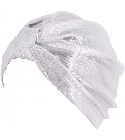 Sun Hats Shiny Metallic Turban Cap Indian Pleated Headwrap Swami Hat Chemo Cap for Women - White Knot - C11925DZDIX $19.97