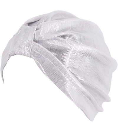 Sun Hats Shiny Metallic Turban Cap Indian Pleated Headwrap Swami Hat Chemo Cap for Women - White Knot - C11925DZDIX $9.86