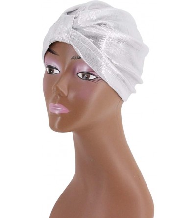 Sun Hats Shiny Metallic Turban Cap Indian Pleated Headwrap Swami Hat Chemo Cap for Women - White Knot - C11925DZDIX $9.86