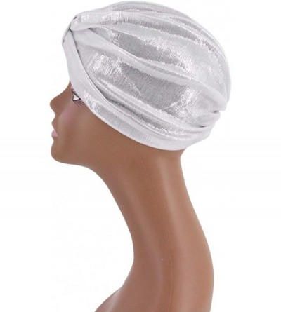 Sun Hats Shiny Metallic Turban Cap Indian Pleated Headwrap Swami Hat Chemo Cap for Women - White Knot - C11925DZDIX $9.86