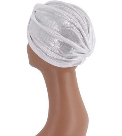 Sun Hats Shiny Metallic Turban Cap Indian Pleated Headwrap Swami Hat Chemo Cap for Women - White Knot - C11925DZDIX $9.86
