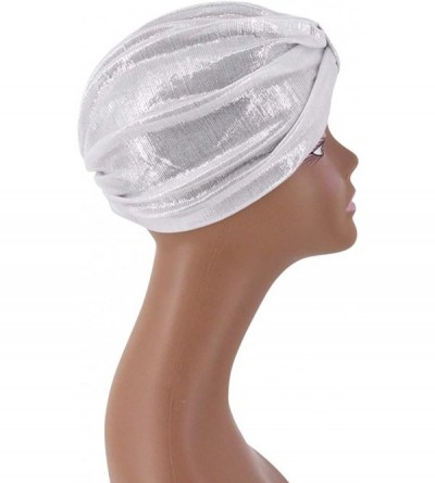 Sun Hats Shiny Metallic Turban Cap Indian Pleated Headwrap Swami Hat Chemo Cap for Women - White Knot - C11925DZDIX $9.86