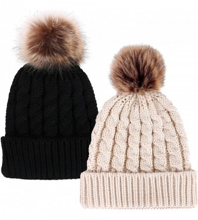 Skullies & Beanies Womens Winter Hand Knit Faux Fur Pompoms Beanie Hat - 2 Pcs Black/Cream - C511HJGJPGF $18.76