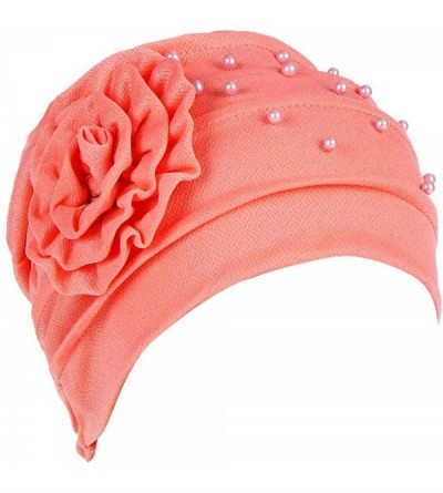Newsboy Caps Women Beading India Hat Muslim Ruffle Cancer Chemo Beanie Floral Turban W - Watermelon Red - CE18LCTZTC5 $9.71