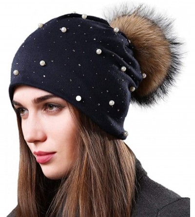 Skullies & Beanies Womens Slouchy Beanie Hat with Real Raccoon Fur Pompom Cotton Pearls Winter Fall Hat - Navy 2 - CF1927N882...