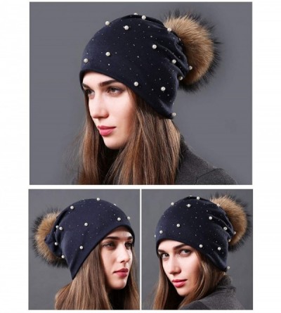Skullies & Beanies Womens Slouchy Beanie Hat with Real Raccoon Fur Pompom Cotton Pearls Winter Fall Hat - Navy 2 - CF1927N882...