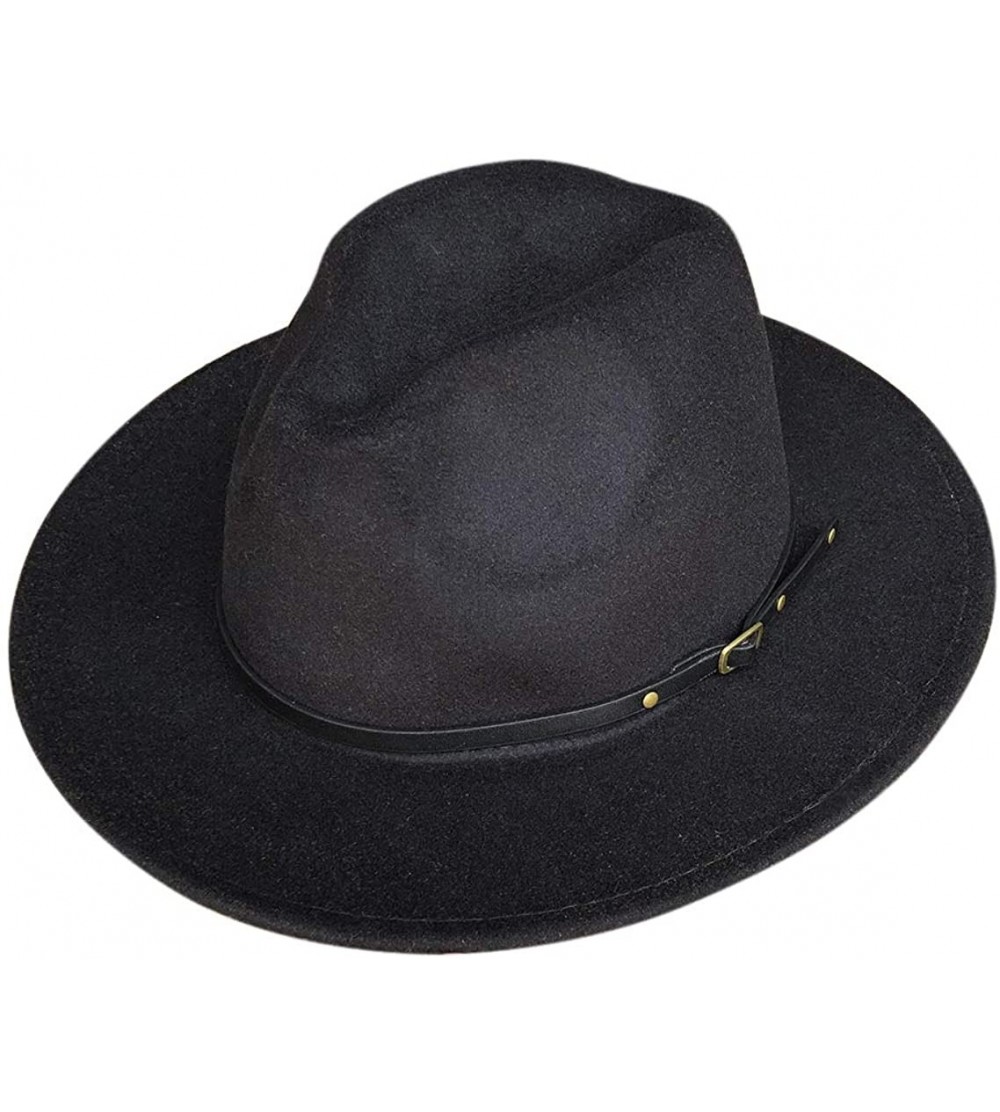 Fedoras Womens Classic Wide Brim Floppy Panama Hat Belt Buckle Fedora Hat - Black - CR18A9NSAS8 $25.76