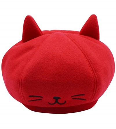 Berets Cute Cat Ear French Beret Pu Leather Casual Classic Solid Color Winter Warm Cap Beanie for Boys Girls - Red - CM1920SG...