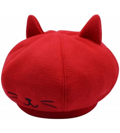 Berets Cute Cat Ear French Beret Pu Leather Casual Classic Solid Color Winter Warm Cap Beanie for Boys Girls - Red - CM1920SG...