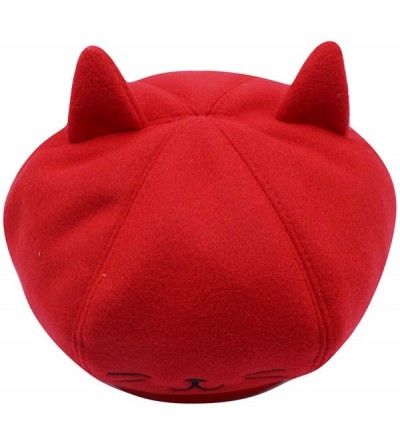 Berets Cute Cat Ear French Beret Pu Leather Casual Classic Solid Color Winter Warm Cap Beanie for Boys Girls - Red - CM1920SG...