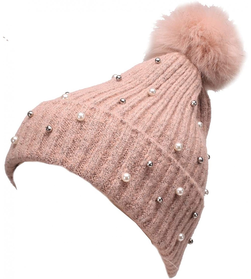 Skullies & Beanies Knit Wool Winter Beanie with Pom Embellished with Faux White and Silver Pearls - Pink - CT18K5A0LSG $14.46