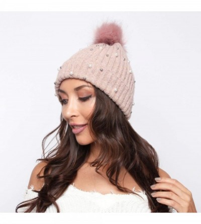Skullies & Beanies Knit Wool Winter Beanie with Pom Embellished with Faux White and Silver Pearls - Pink - CT18K5A0LSG $14.46