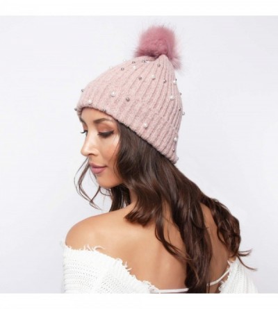 Skullies & Beanies Knit Wool Winter Beanie with Pom Embellished with Faux White and Silver Pearls - Pink - CT18K5A0LSG $14.46