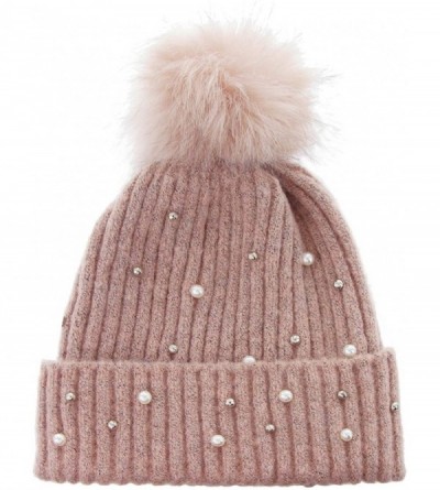 Skullies & Beanies Knit Wool Winter Beanie with Pom Embellished with Faux White and Silver Pearls - Pink - CT18K5A0LSG $14.46