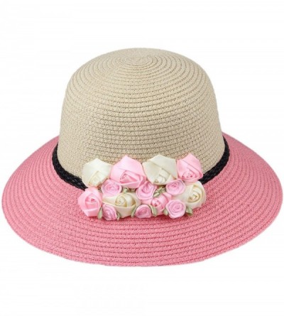 Sun Hats Womens Girl's Straw Cap Beach Sun Hats With Flowers - Pink - CM12MYTZHZG $15.58