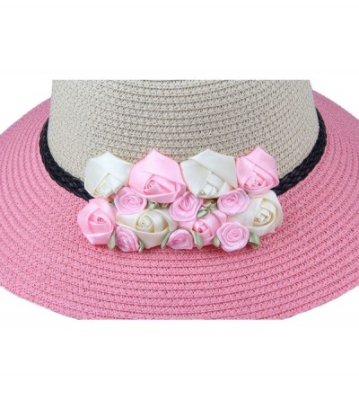 Sun Hats Womens Girl's Straw Cap Beach Sun Hats With Flowers - Pink - CM12MYTZHZG $15.58