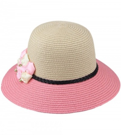 Sun Hats Womens Girl's Straw Cap Beach Sun Hats With Flowers - Pink - CM12MYTZHZG $15.58