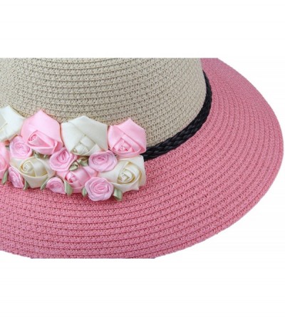 Sun Hats Womens Girl's Straw Cap Beach Sun Hats With Flowers - Pink - CM12MYTZHZG $15.58